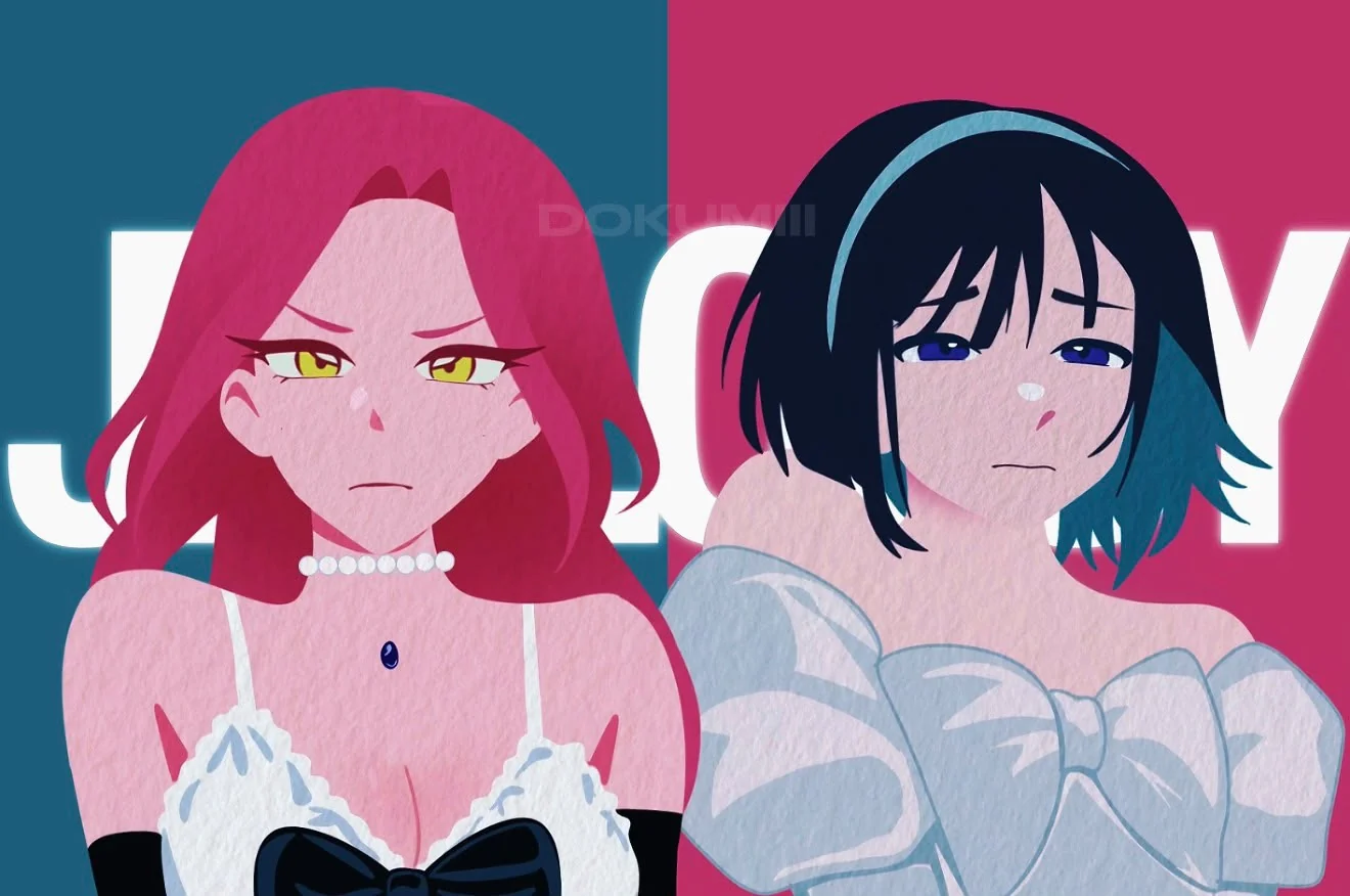 Mizi and Sua from Alien Stage side by side: Mizi with long pink hair and golden eyes on teal, Sua with a black bob and a headband on candy pink, the word jealousy behind them.