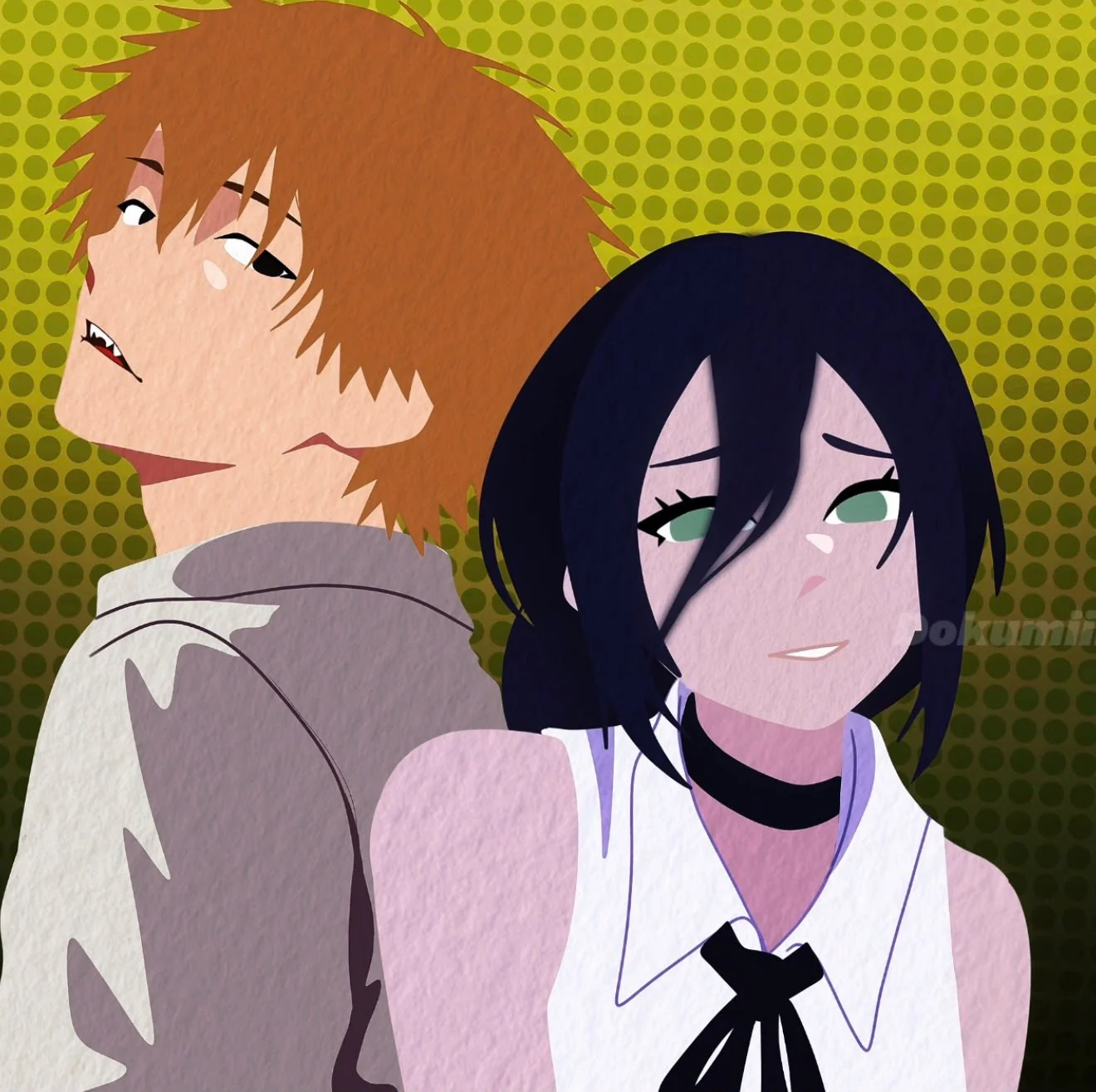 Denji glances back over his shoulder while Reze leans against him, looking down, on a dotted yellow-green ground.